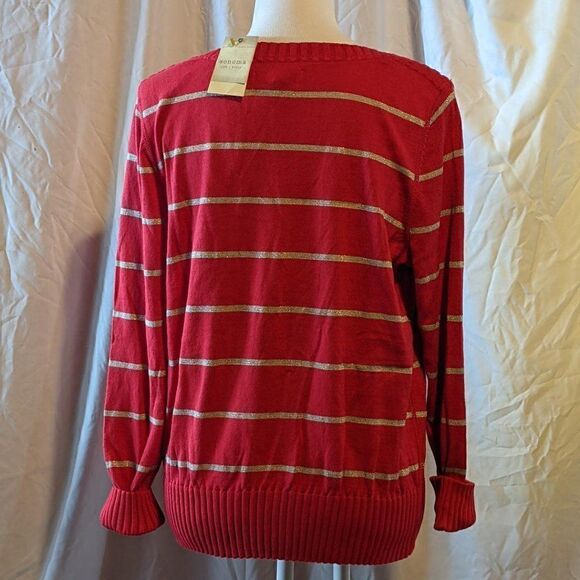 đNWTâWOMEN'SâSONOMA REDâANDâGLITTERYâSILVERâSTRIPEDâSWEATERâ-âXL - Picture 4 of 7